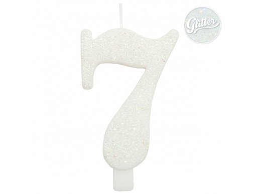 7 Number Seven White Glitter Cake Candle