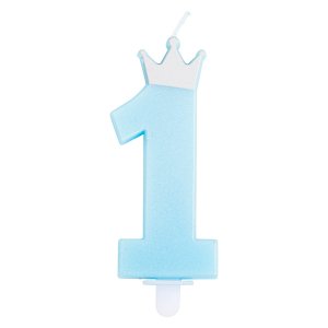 1 Γαλάζιο Περλέ Κερί Αριθμός Με Ασημί Κορώνα Για Τούρτα Γενεθλίων