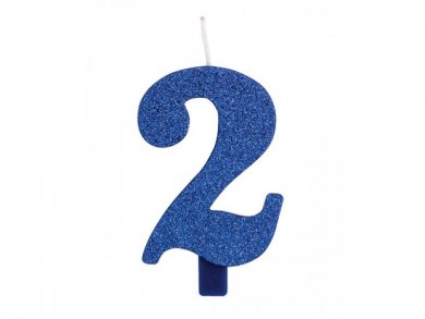 2 Αριθμός Δύο Μπλε με Γκλίτερ Κερί για Τούρτα (7,5εκ)
