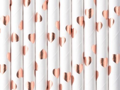 White Paper Straws with Rose Gold Hearts (10pcs)