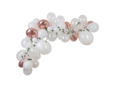White and Rose Gold Balloon Garland with Eucalyptus and White Roses