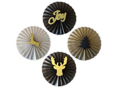 Black and Gold Paper Fans with Deer (4pcs)