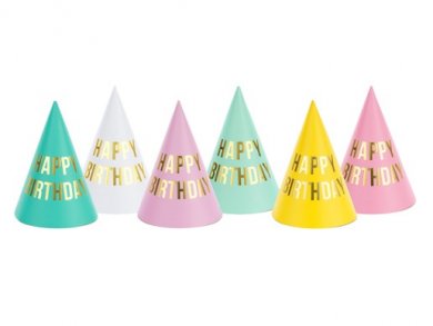 Happy Birthday Pastel Party Hats with Gold Print (6pcs)