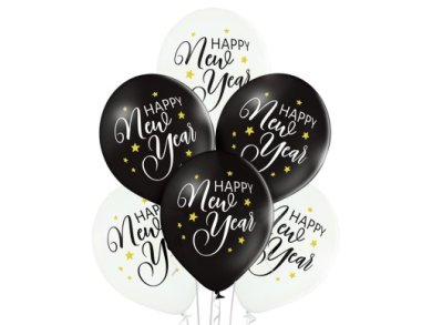 Happy New Year White and Black Latex Balloons (6pcs)