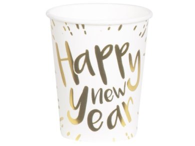 Happy New Year White Paper Cups with Gold Foiled Print (6pcs)