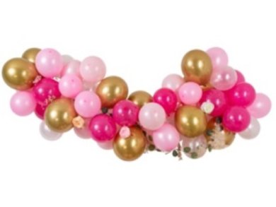 Pink and Gold Balloon Garland with Flowers and Eucalyptus Accessories